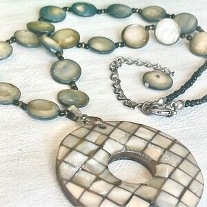 MOP Checkered Abalone Shell Vintage Pendant Necklace with Glass Beads